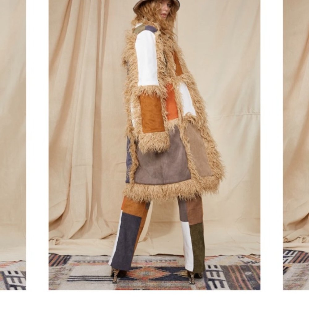 Jaded London Patchwork Midi Coat with Faux Fur